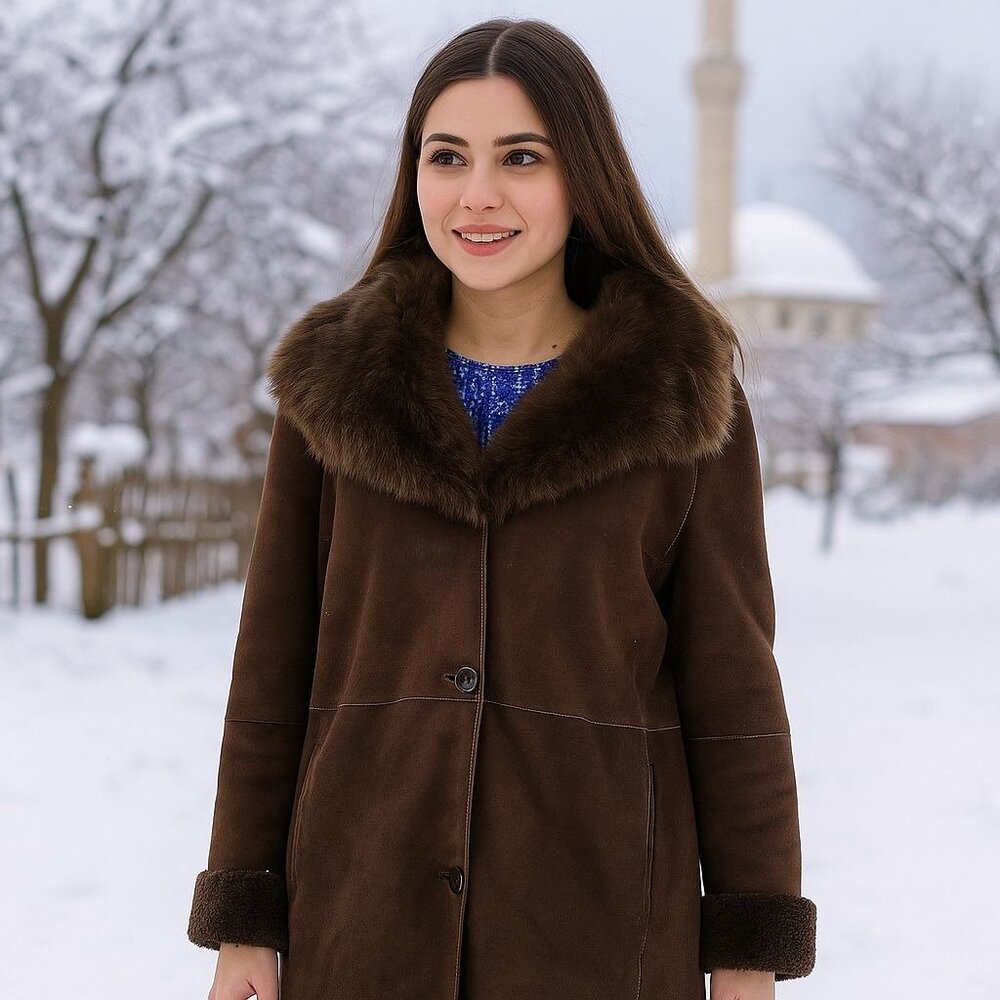 Olsen Europe Womens Lamb Fur Coat Size 10 Brown Shearling Button Closure Turkey